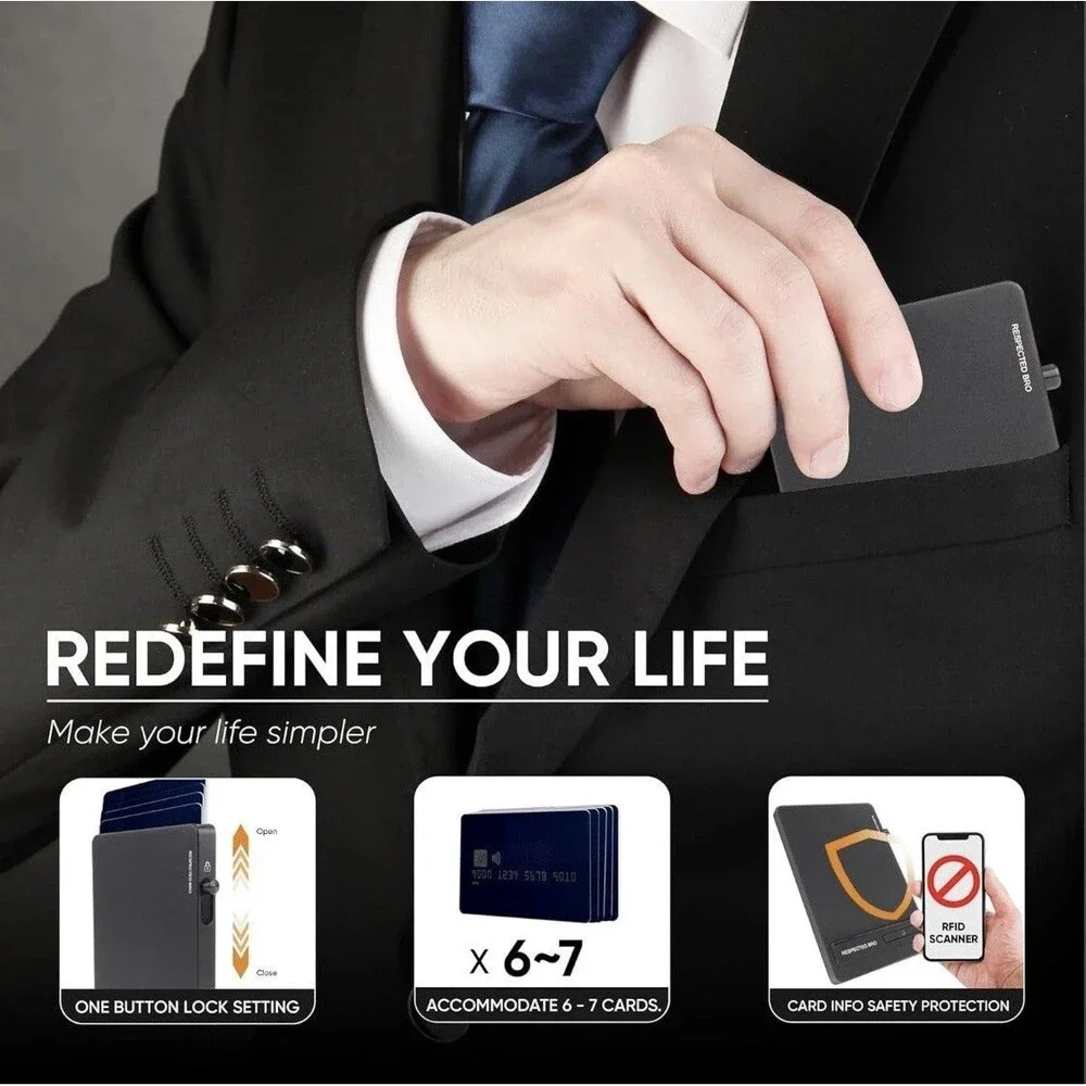 RESPECTED BRO Men's Wallet Card Holder, RFID Blocking Credit Card Holder Black